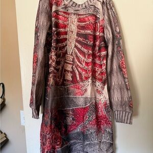 Printed Ribcage & Rose Long Sleeve Dress - Red & Gray
